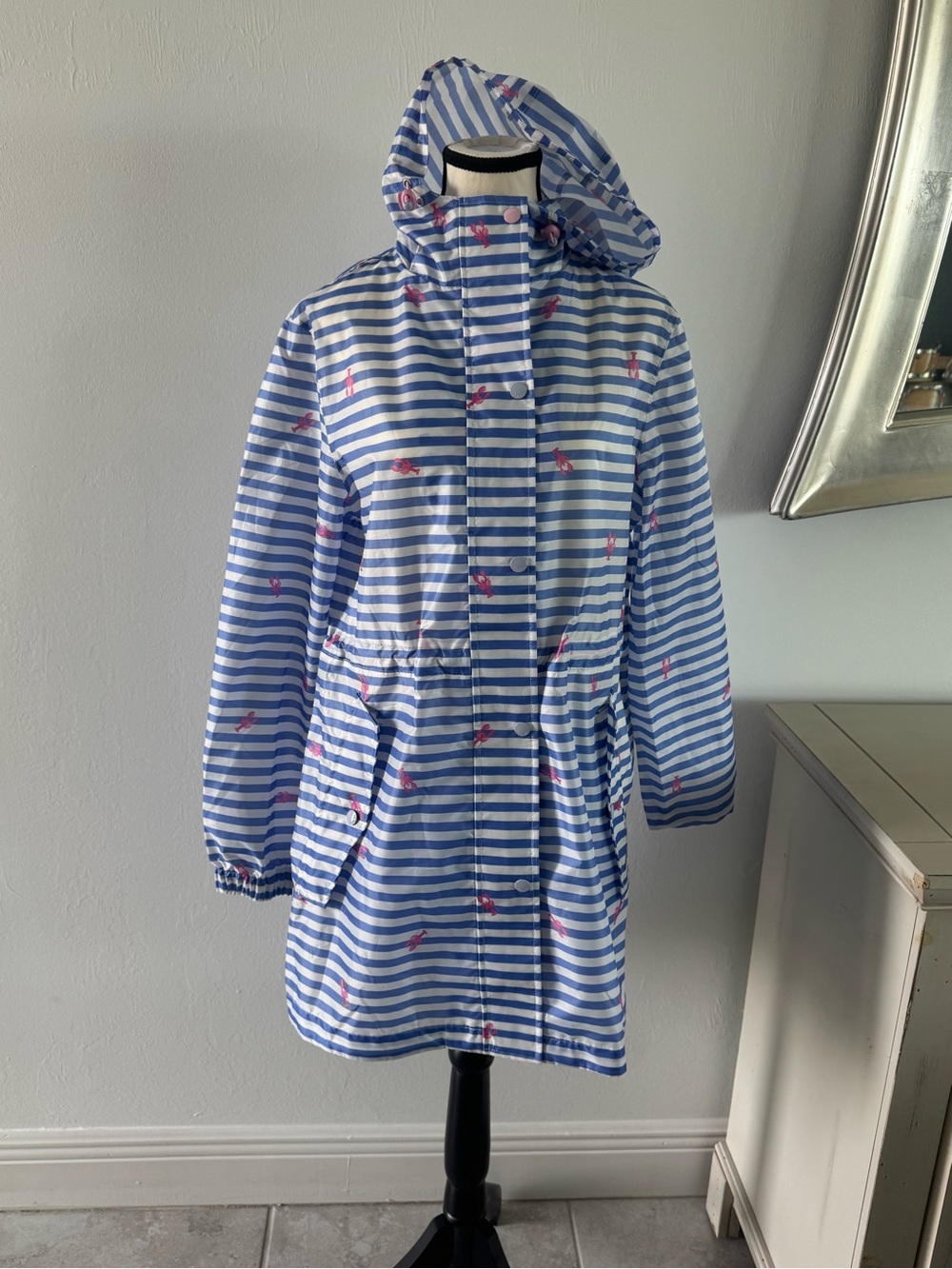 Joules Blue & White Striped Hooded Raincoat with Pink lobster